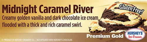 Midnight Caramel River: Creamy golden vanilla and dark chocolate ice cream flooded with a thick and rich caramel swirl!