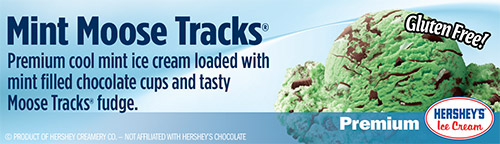 Mint Moose Tracks: Premium cool mint ice cream loaded with mint filled chocolate cups and tasty Moose Tracks fudge!