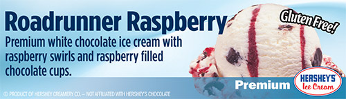 Roadrunner Raspberry: Premium white chocolate ice cream with raspberry swirls and raspberry filled chocolate cups!