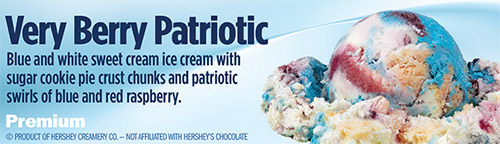 Very Berry Patriotic: Blue and white sweet cream ice cream with sugar cookie pie crust chunks and patriotic swirls of blue and red raspberry!