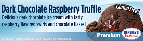 Dark Chocolate Raspberry Truffle: Delicious dark chocolate ice cream with tasty raspberry flavored swirls and chocolate flakes!