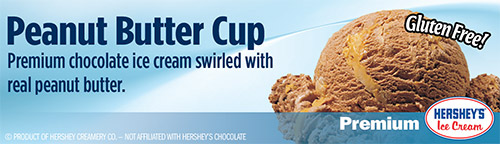 Peanut Butter Cup: Premium chocolate ice cream swirled with real peanut butter!