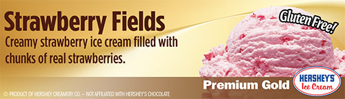 Strawberry Fields: Creamy strawberry ice cream filled with chunks of real strawberries!